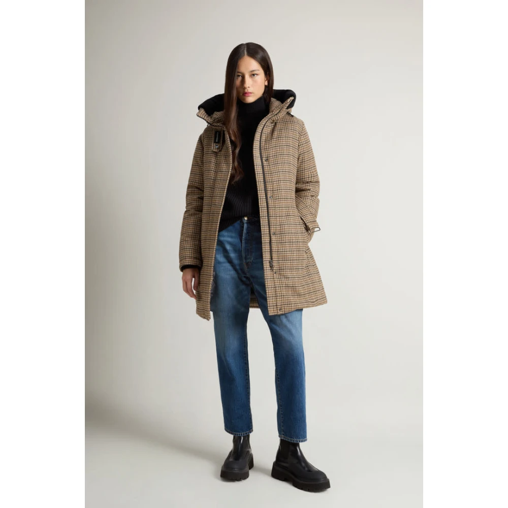 Woolrich Groene Pied De Poule Parka Jas Brown Dames