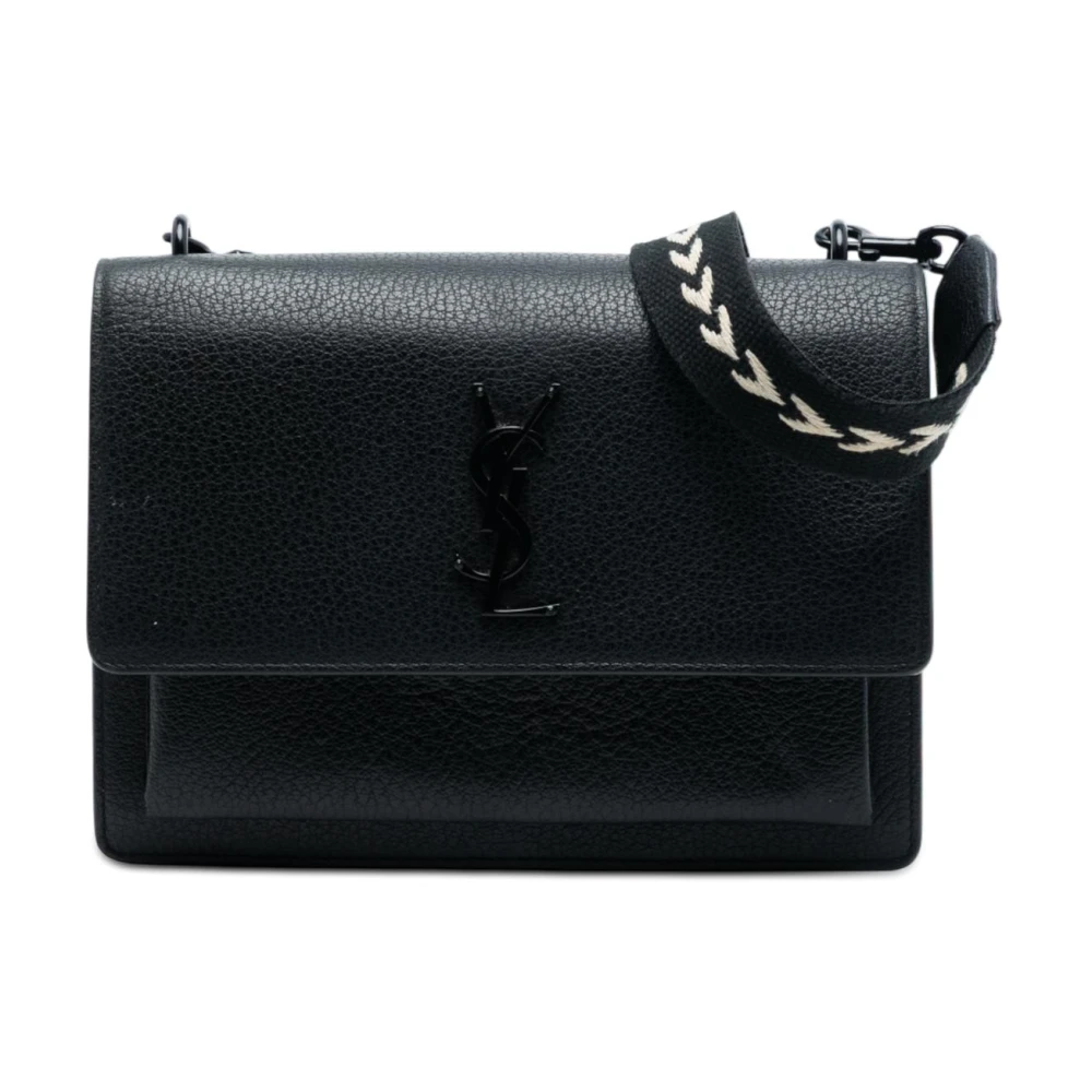 Saint Laurent Vintage Women's Black Pre-Owned Vintage Textured Leather Monogram Flap Bag