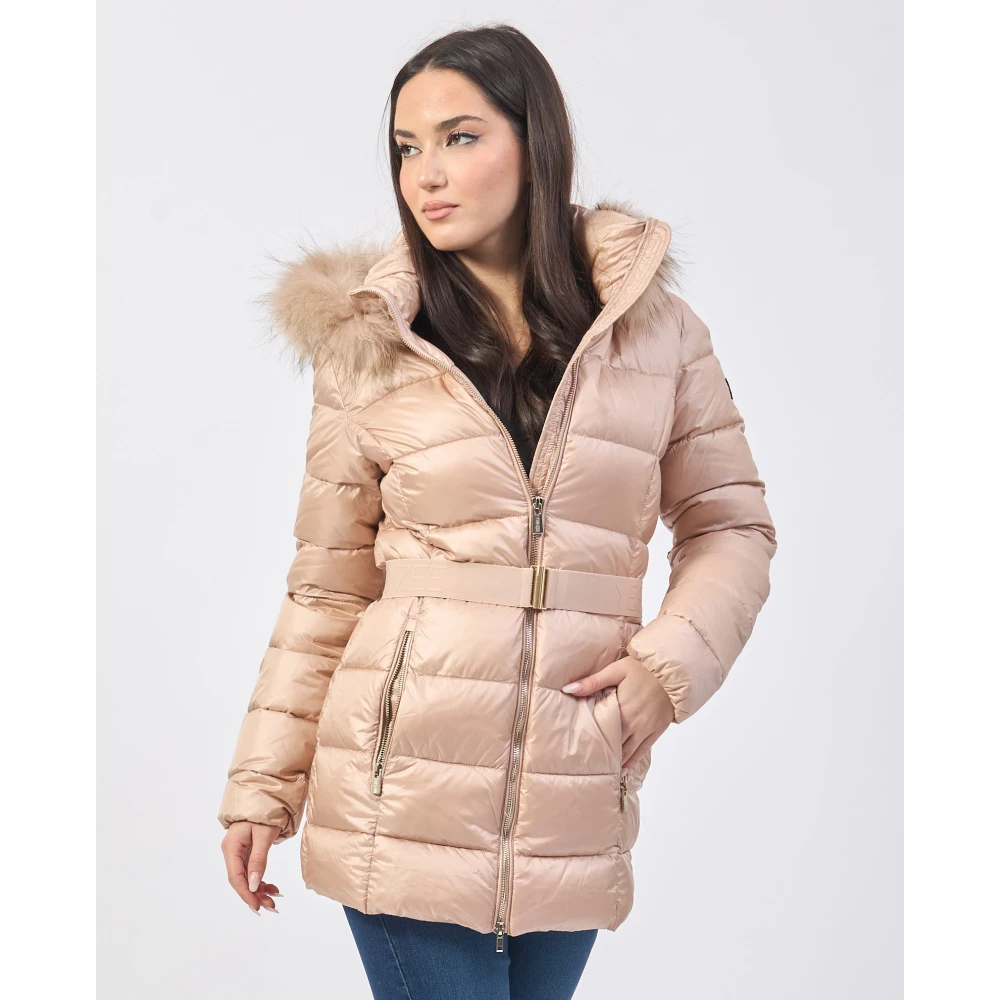 YES ZEE Gewatteerde Beige Jas met Bont Capuchon Beige Dames