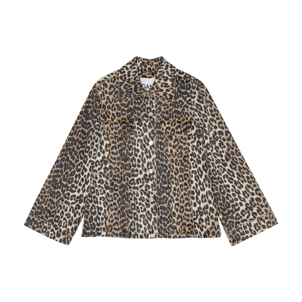 Ganni Women's Brown Denim Jackets, M, Leopard Print Denim Jacket