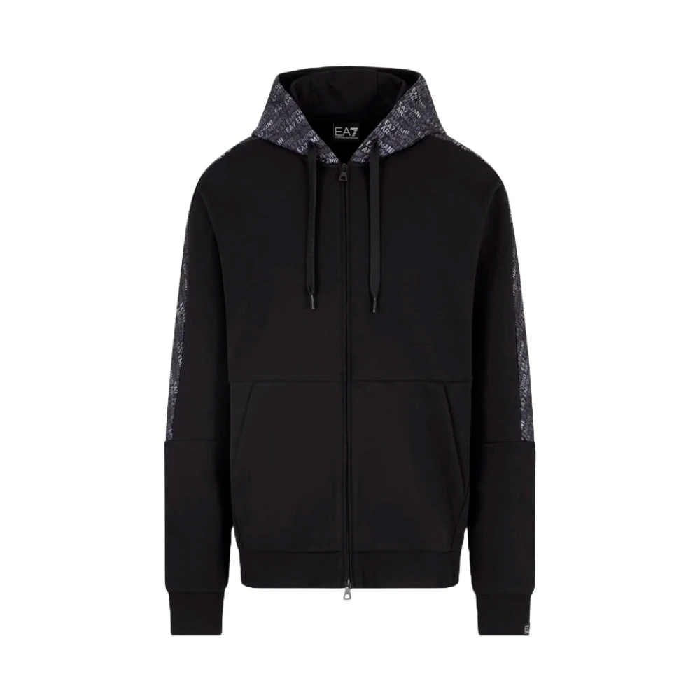 Emporio Armani EA7, Zip-throughs, male, Black, XL, Black Jumper with Hood and Zipper
