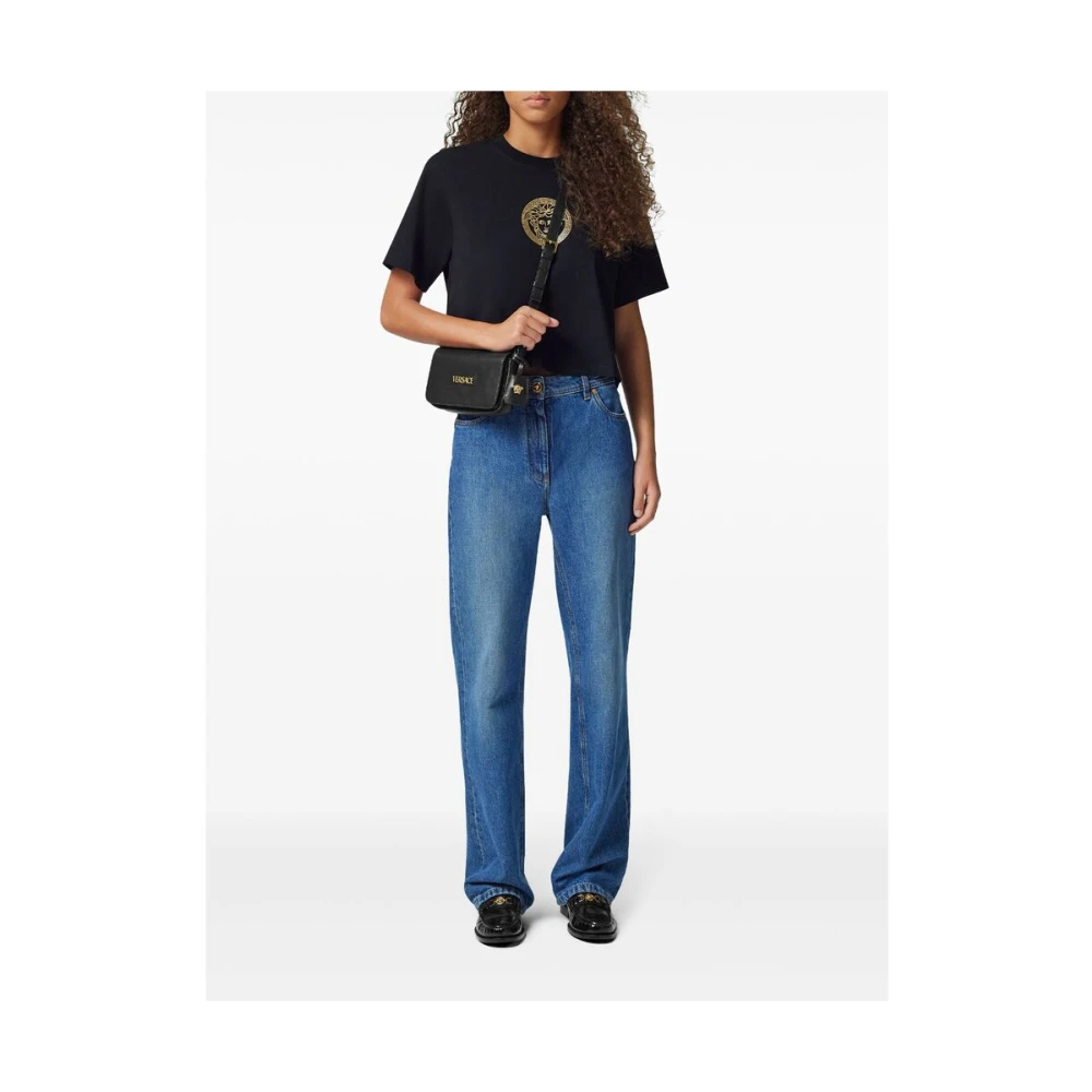 Versace Zwarte Leren Schoudertas met Goudkleurig Logo Black Dames