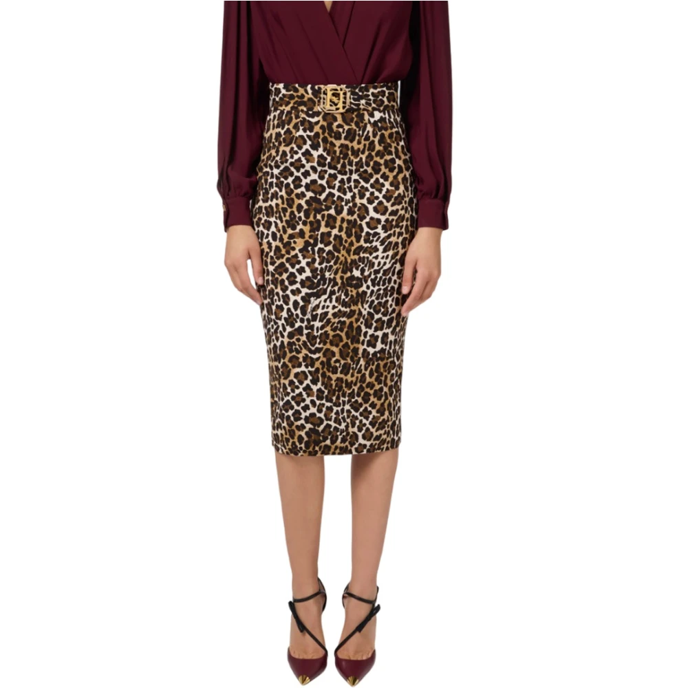 Elisabetta Franchi Midi Rok met Dierenprint en Split Brown Dames