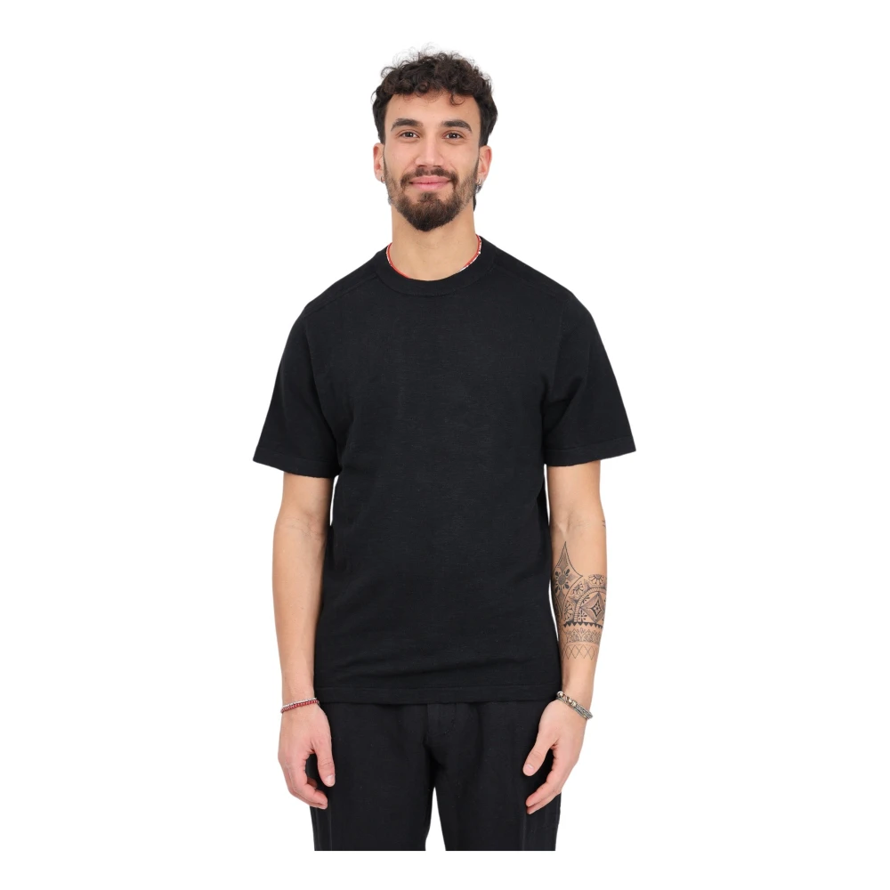 Selected Homme Zwart Linnen Geribbelde Ronde Hals T-shirt Black Heren