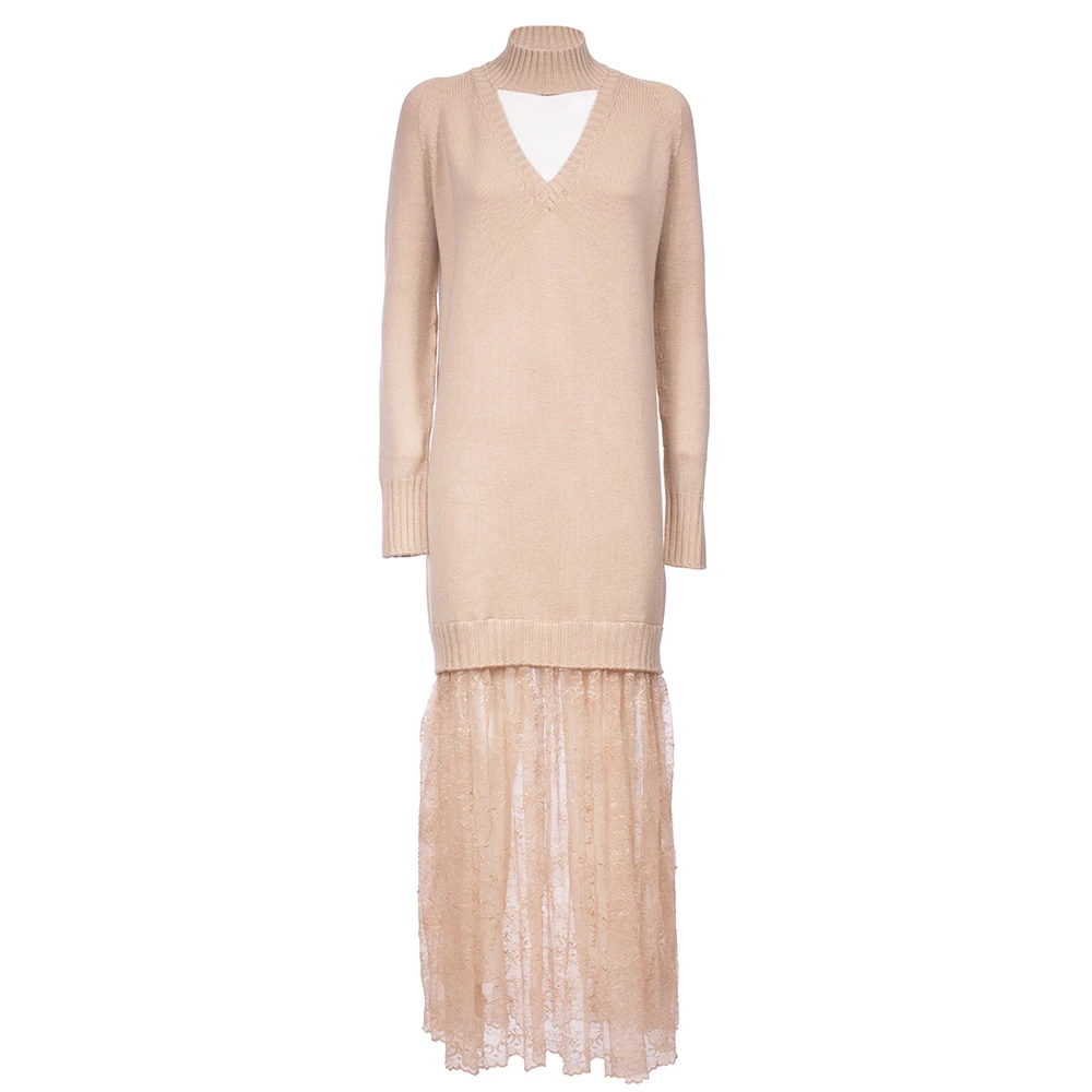 Ermanno Scervino Gebreide kanten jurk met hoge hals Beige Dames