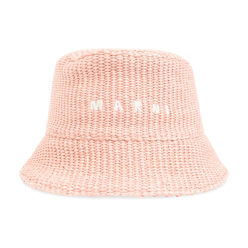 Marni Raffia bucket hoed met logo borduurwerk Pink Dames