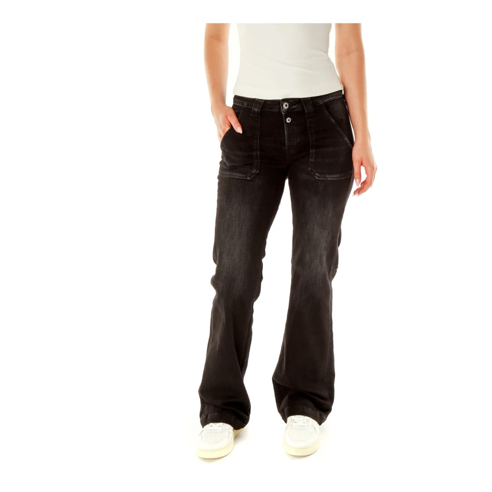 Le Temps Des Cerises Flared Fit Mid Waist Jeans Black, Dam