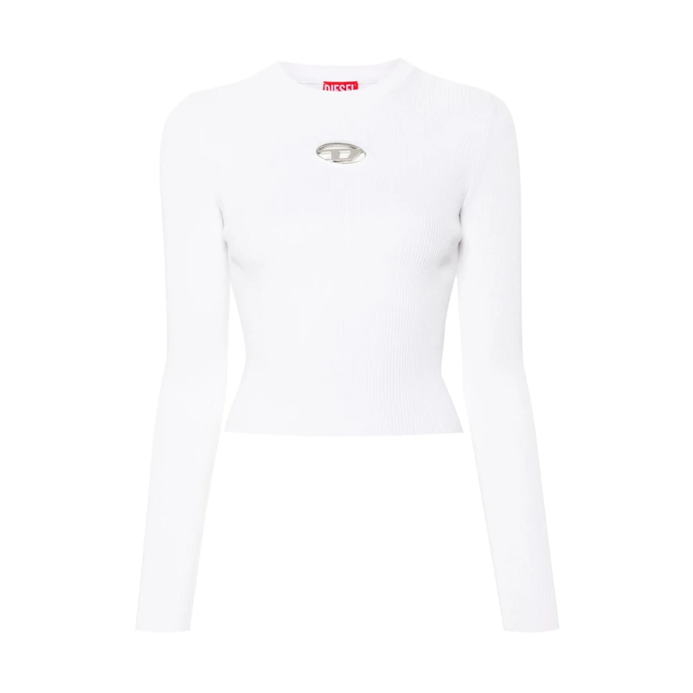 Diesel Women's White Ribbed Knit Top With Oval D Detail - Long Sleeve T-Shirts - M - Tops