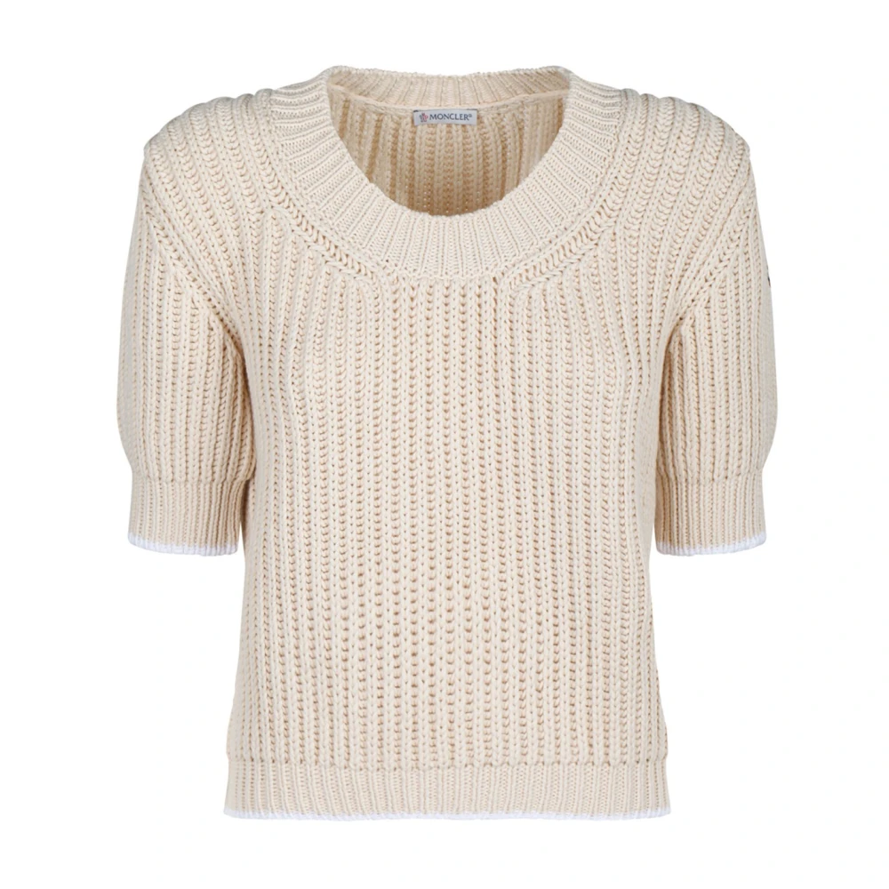 Moncler Katoenen Gebreide Trui met Korte Mouwen en Logo Beige Dames