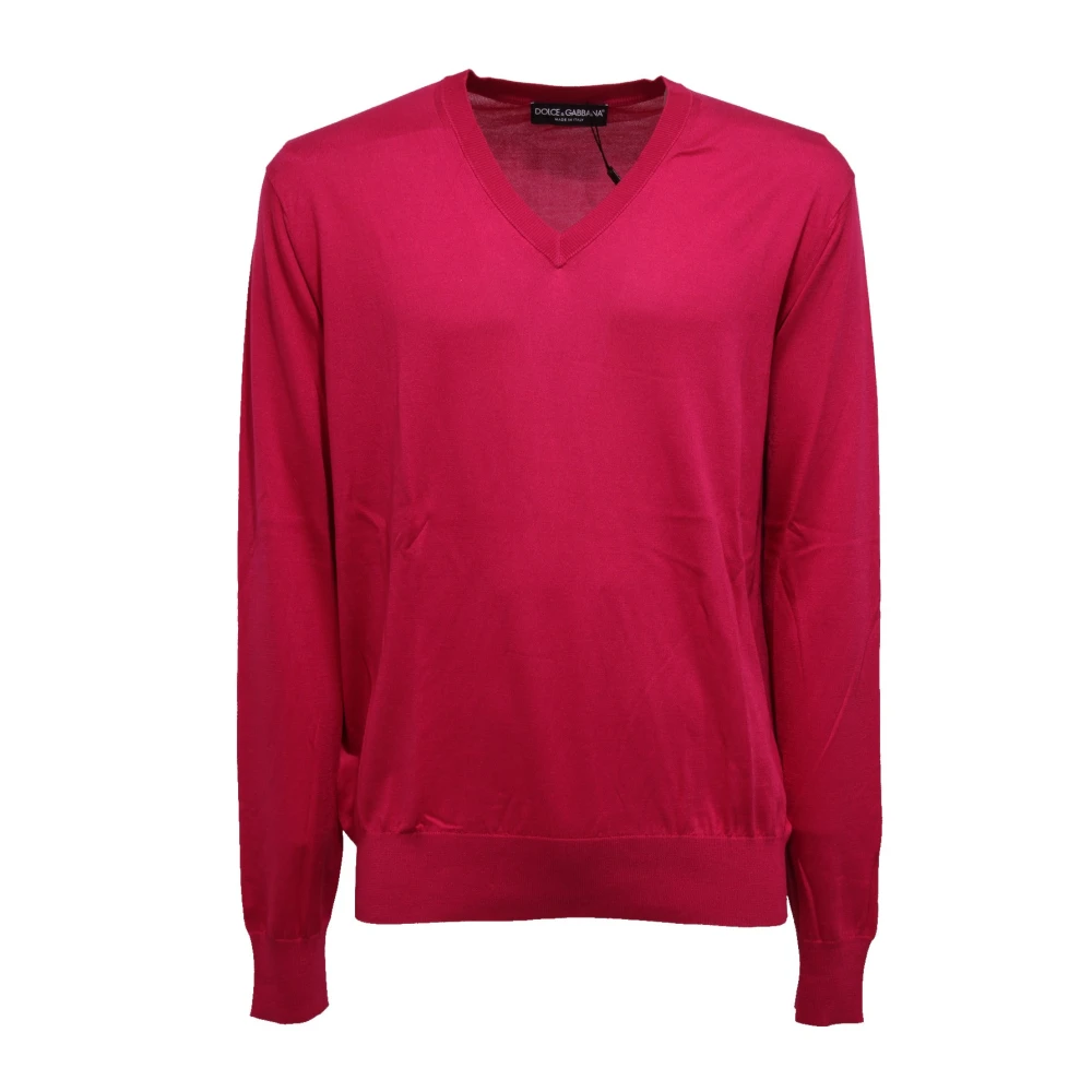 Dolce & Gabbana Men's Fuchsia Silk V-Neck Sweater In