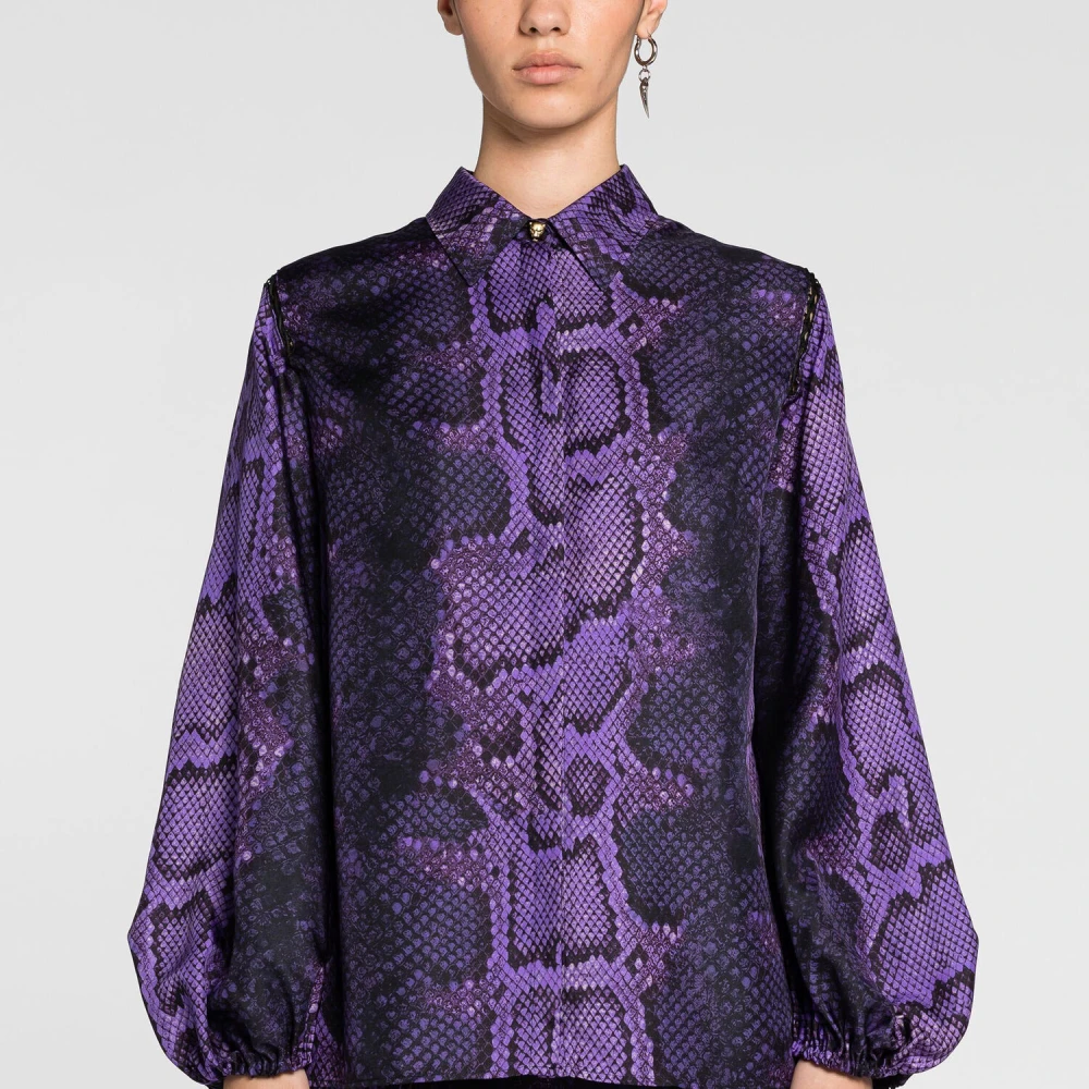 Roberto Cavalli Python-Print Lace-Up Zijden Shirt Purple Dames