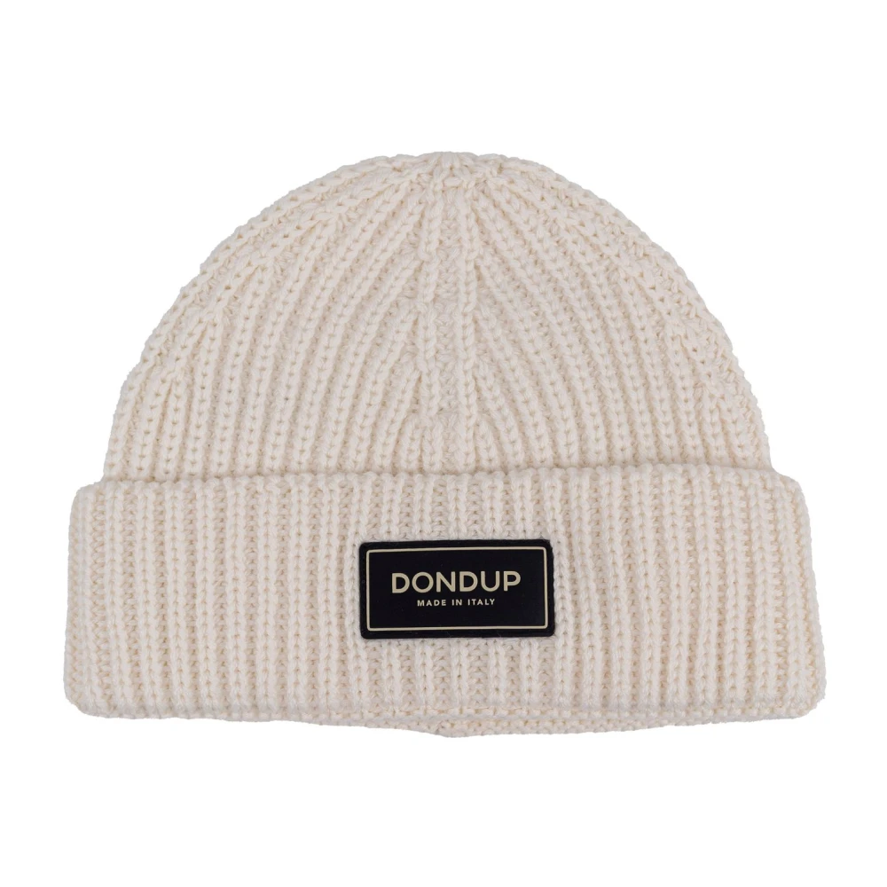 Dondup Geribbelde wollen muts met stoffen logo. Gemaakt in Italië. Beige Heren