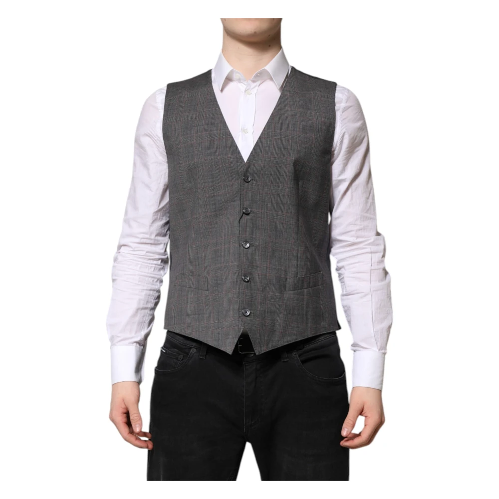 Dolce & Gabbana Men's Gray Waistcoats, Xs, Plaid Wool Formal Dress Vest