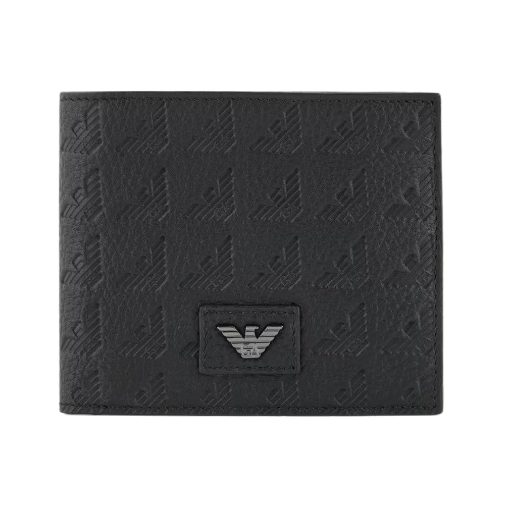 Emporio Armani Zwarte Leren Portemonnee Adelaar Ontwerp Black Heren