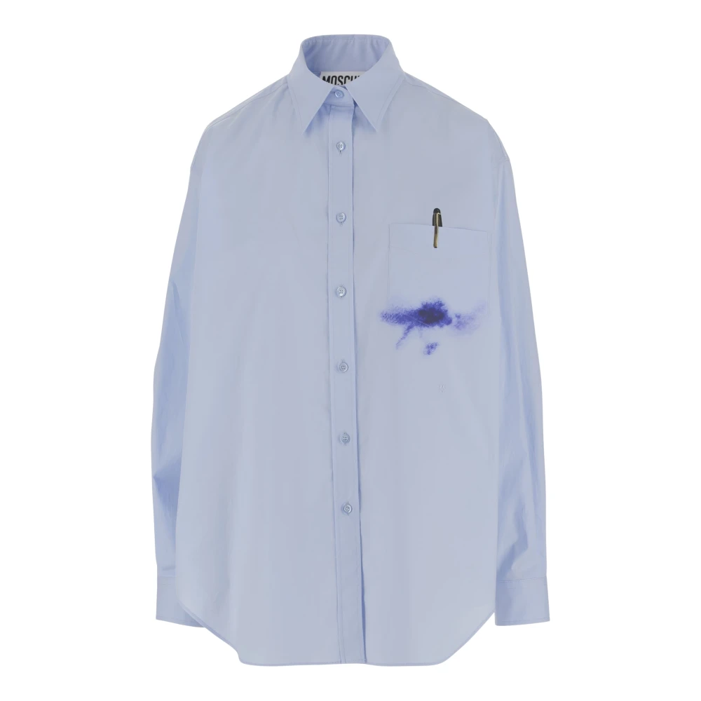 Moschino Stretch Katoenen Poplin Overhemd met Pen-en-Inkt Print Blue Dames