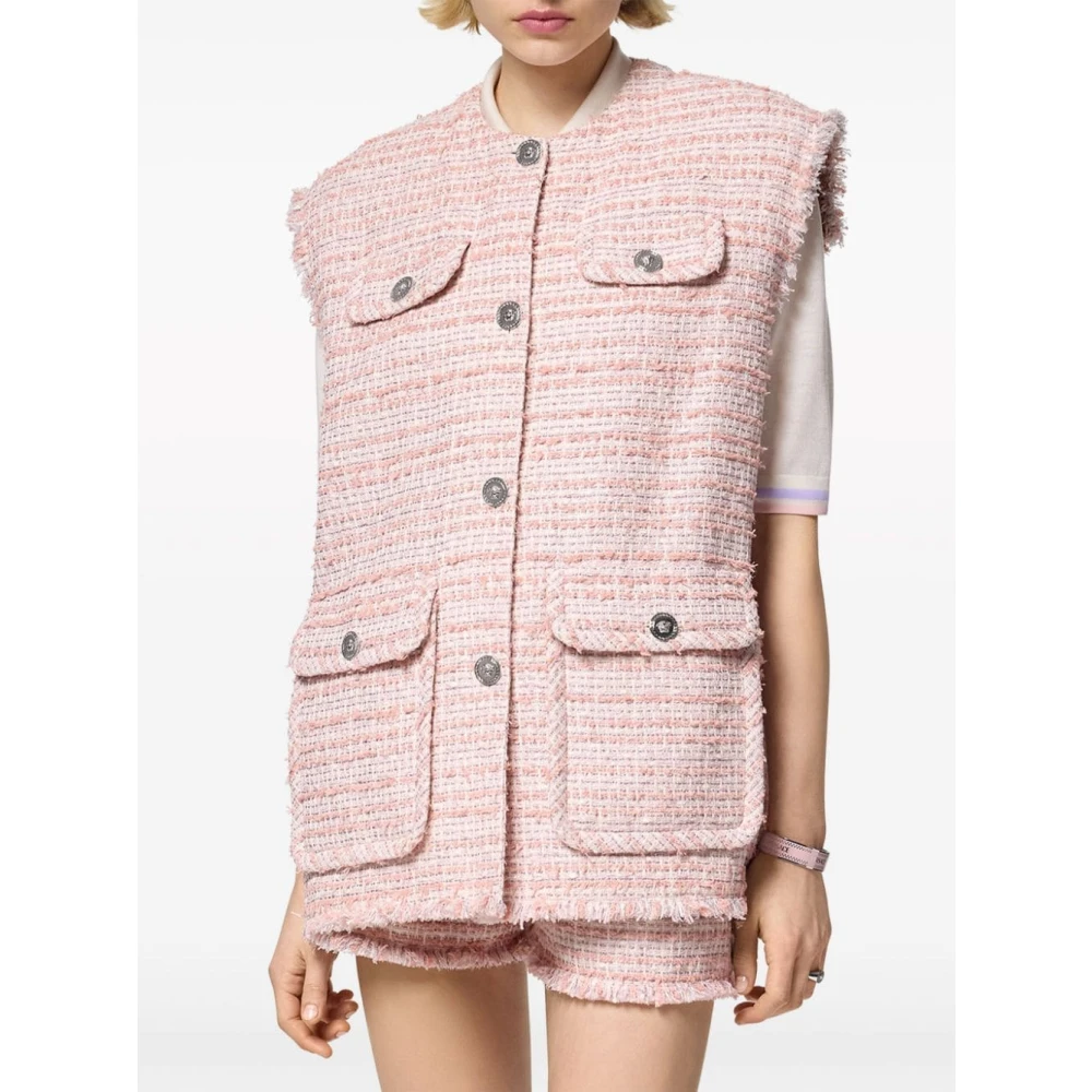Versace Gestreepte Katoenen Tweed Franje Vest Pink Dames