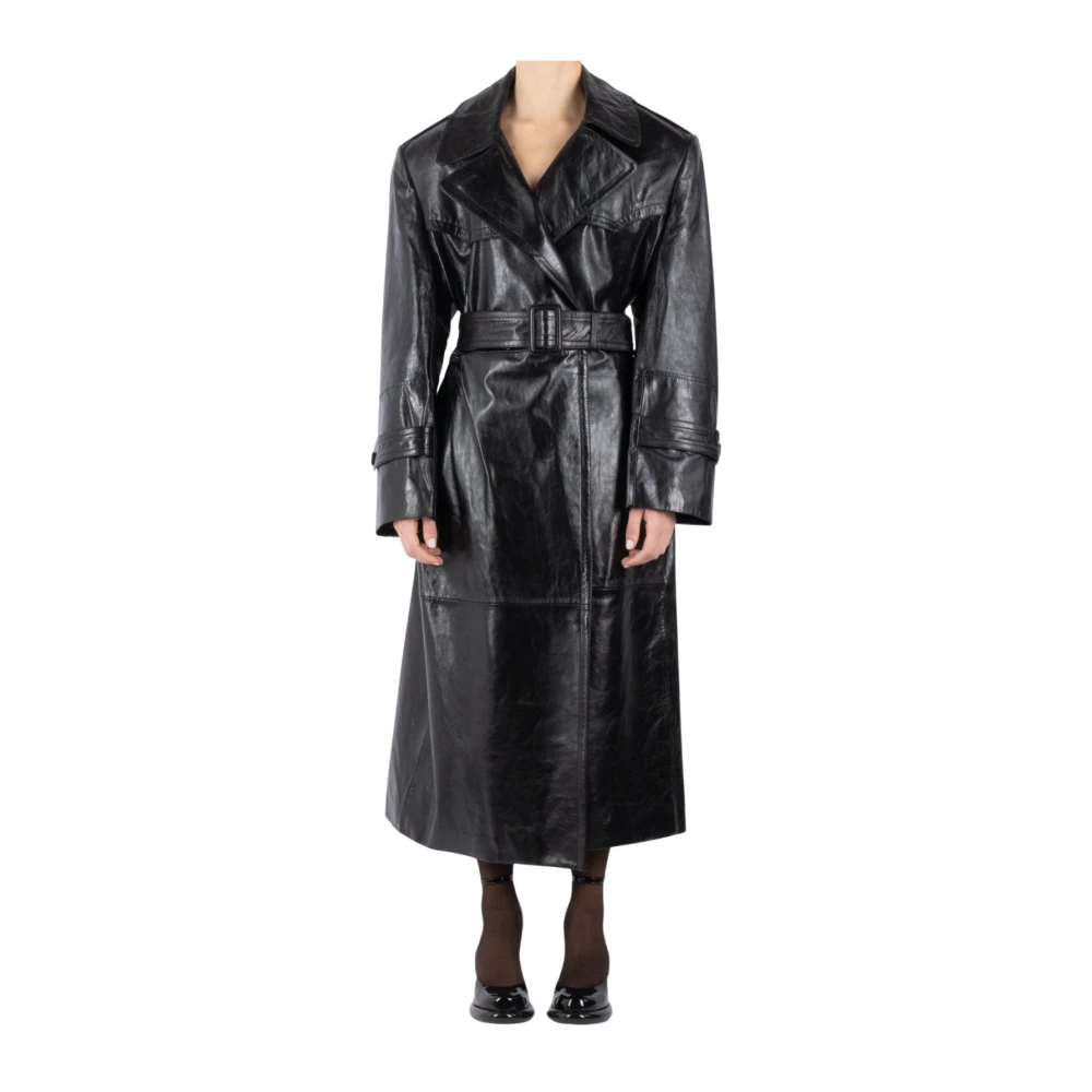 SPORTMAX Zwarte leren trenchcoat met taille riem Black Dames