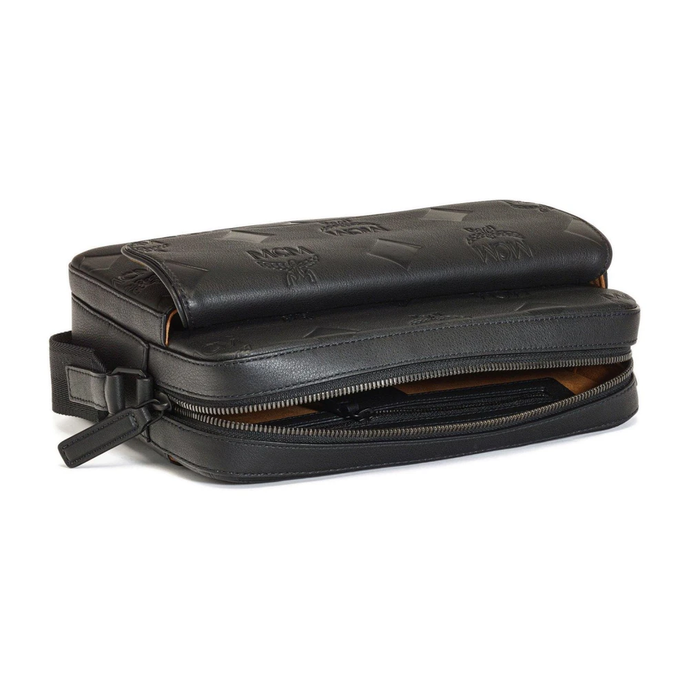 MCM Aren Messenger-tas van leer met Maxi-monogram Black Heren