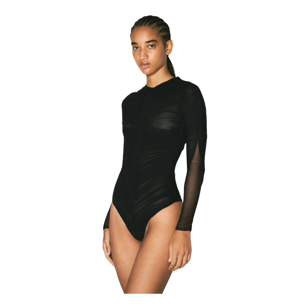 Mugler Geplooide Bodysuit met Lange Mouwen en Semi-Transparant Black Dames