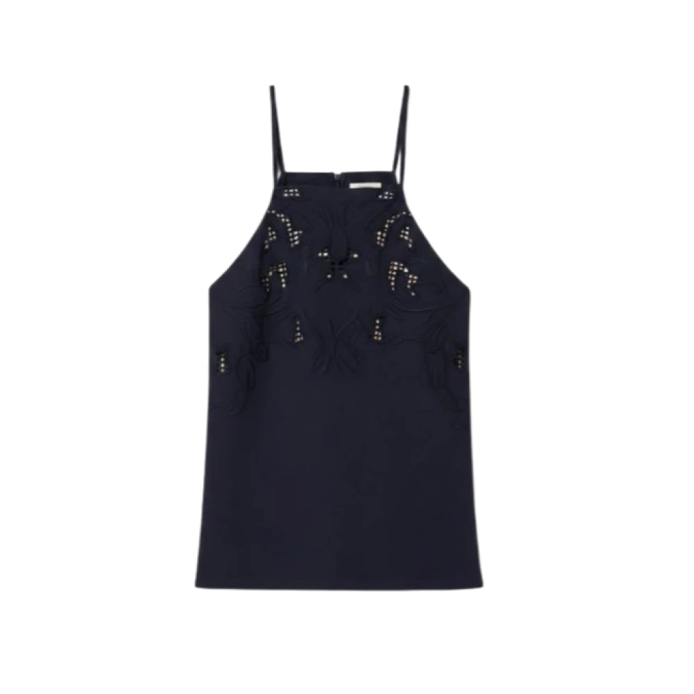 Twinset Women's Blue Embroidery Pleated Twill Top - Sleeveless Tops - S - Tops