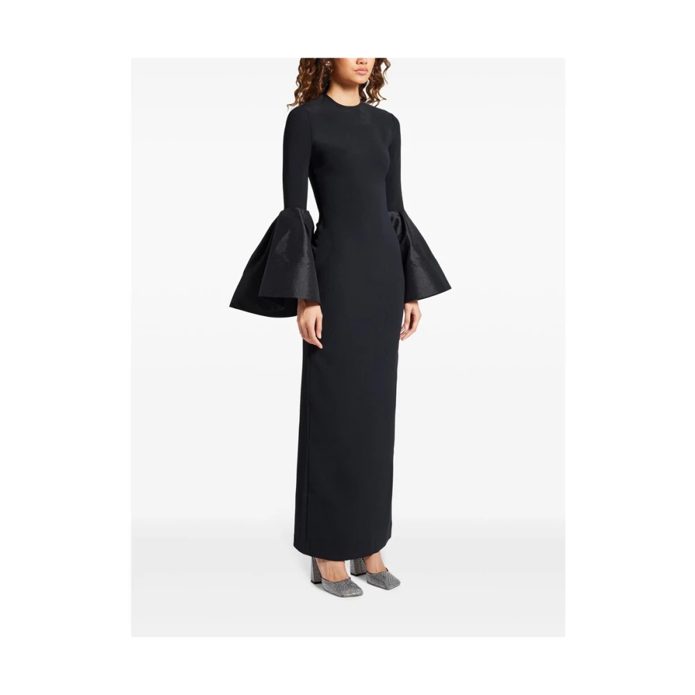 Solace London Zwarte Jurk met Wijduitlopende Manchetten en Ronde Hals Black Dames