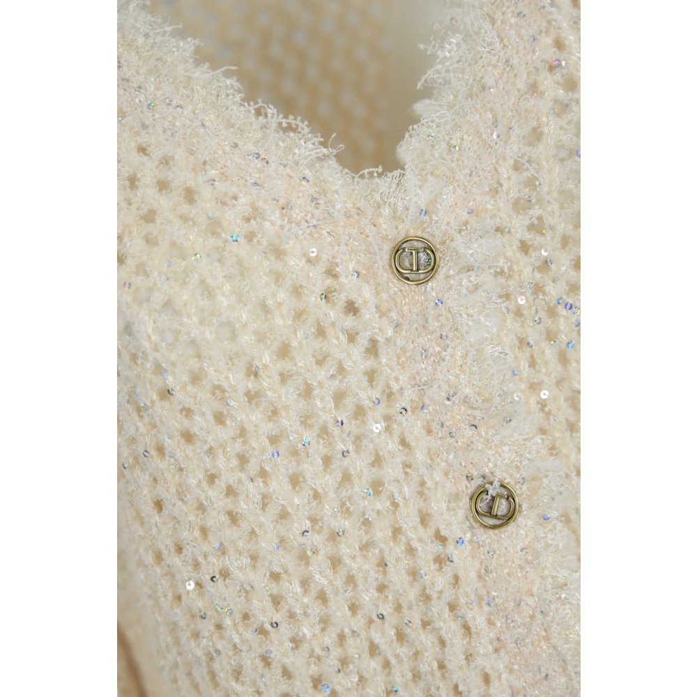 Twinset Jacquard Gebreid Jack met Rafelranden White Dames