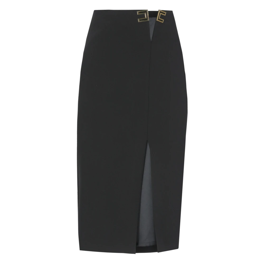 Elisabetta Franchi Donna Nero - Gonna Midi Con Logo E Spacco Laterale - Skirts - S