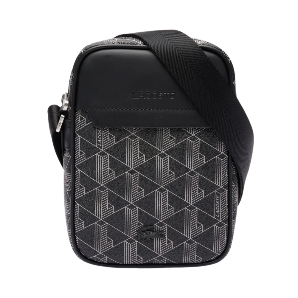 Lacoste Men's Black Monogrammed Vertical Bag - Cross Body Messenger - One Size - Bags