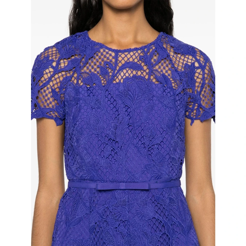 Self Portrait Blauwe Bloemen Kant Midi Jurk Blue Dames