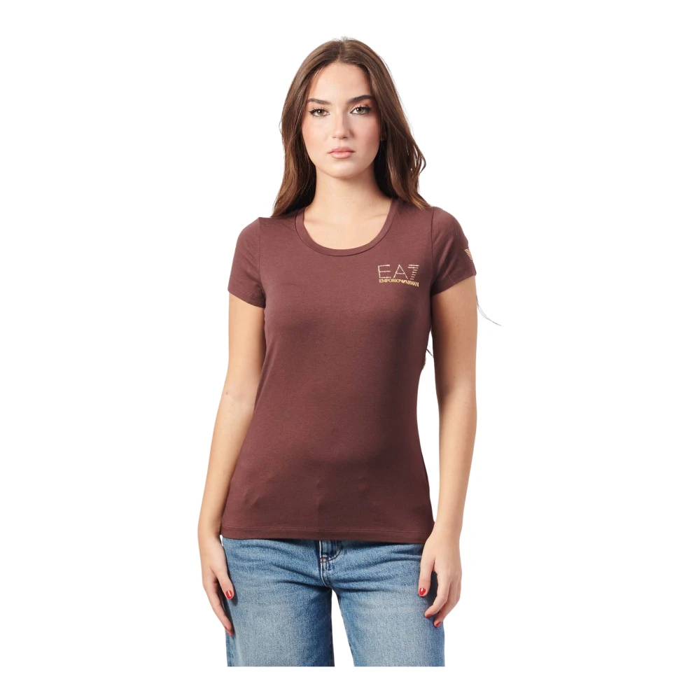 Emporio Armani Bruine Katoenen T-shirt met Ronde Hals Brown Dames