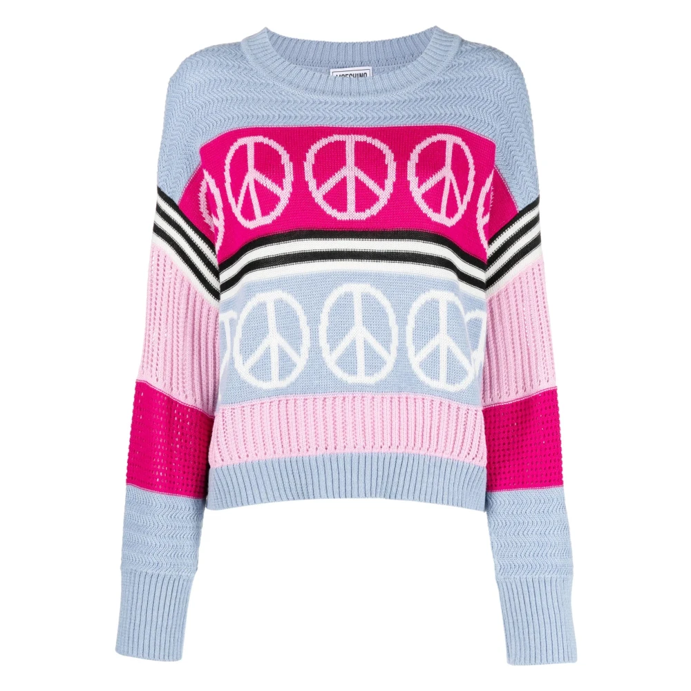 Moschino Women's Multicolor Round-Neck Knitwear, M, Blue Wool Blend Casual Jumper