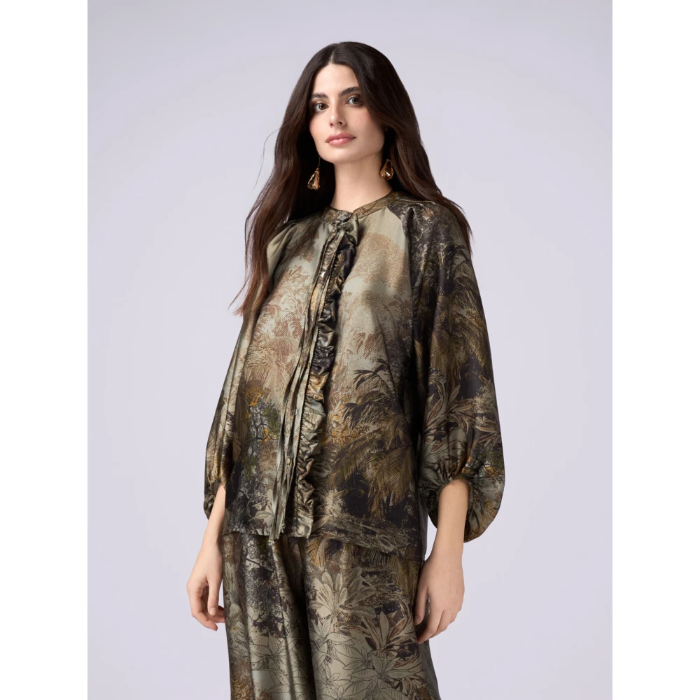 Oltre Fantasie satijnen blouse met ruches Green Dames