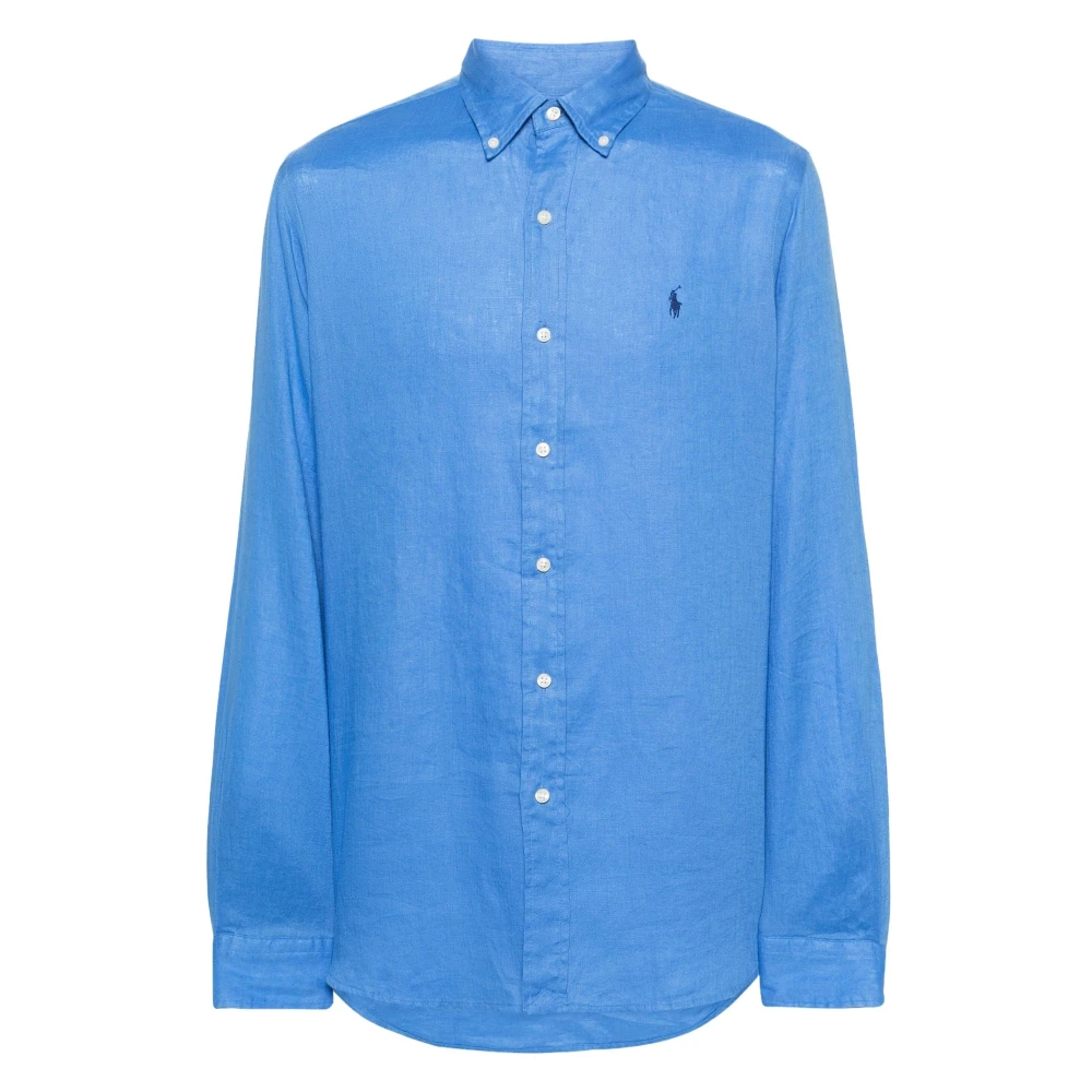 Polo Ralph Lauren Blauw Linnen Logo Geborduurd Overhemd Blue Heren