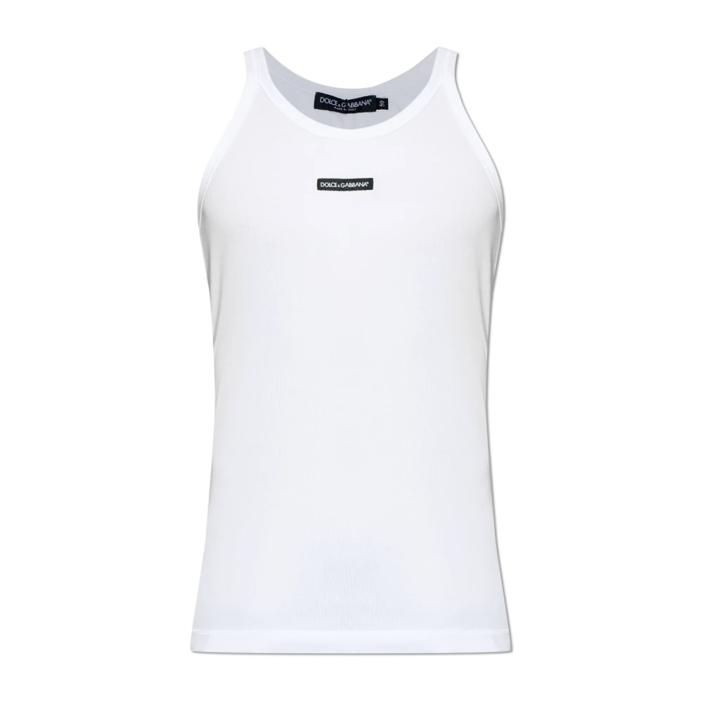 Dolce & Gabbana Men's White Sleeveless Tops, 2XL, Ribbed Top With Logo