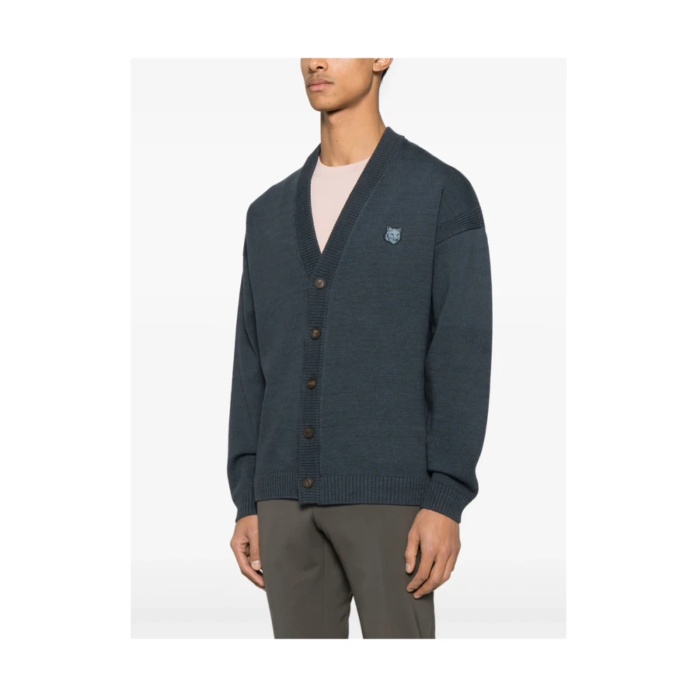 Maison Kitsuné Blauwe V-hals trui met knoopsluiting Blue Heren
