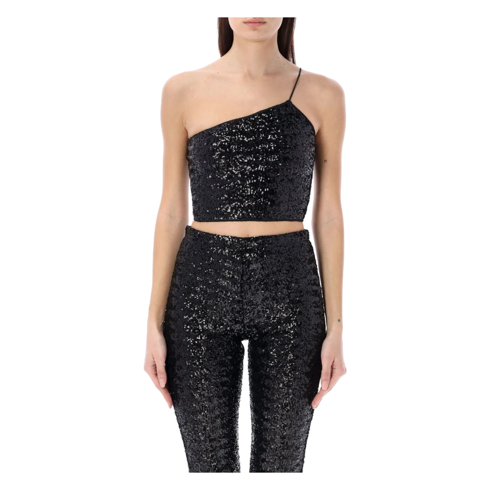 Oseree Zwarte One Shoulder Paillettes Top Black Dames