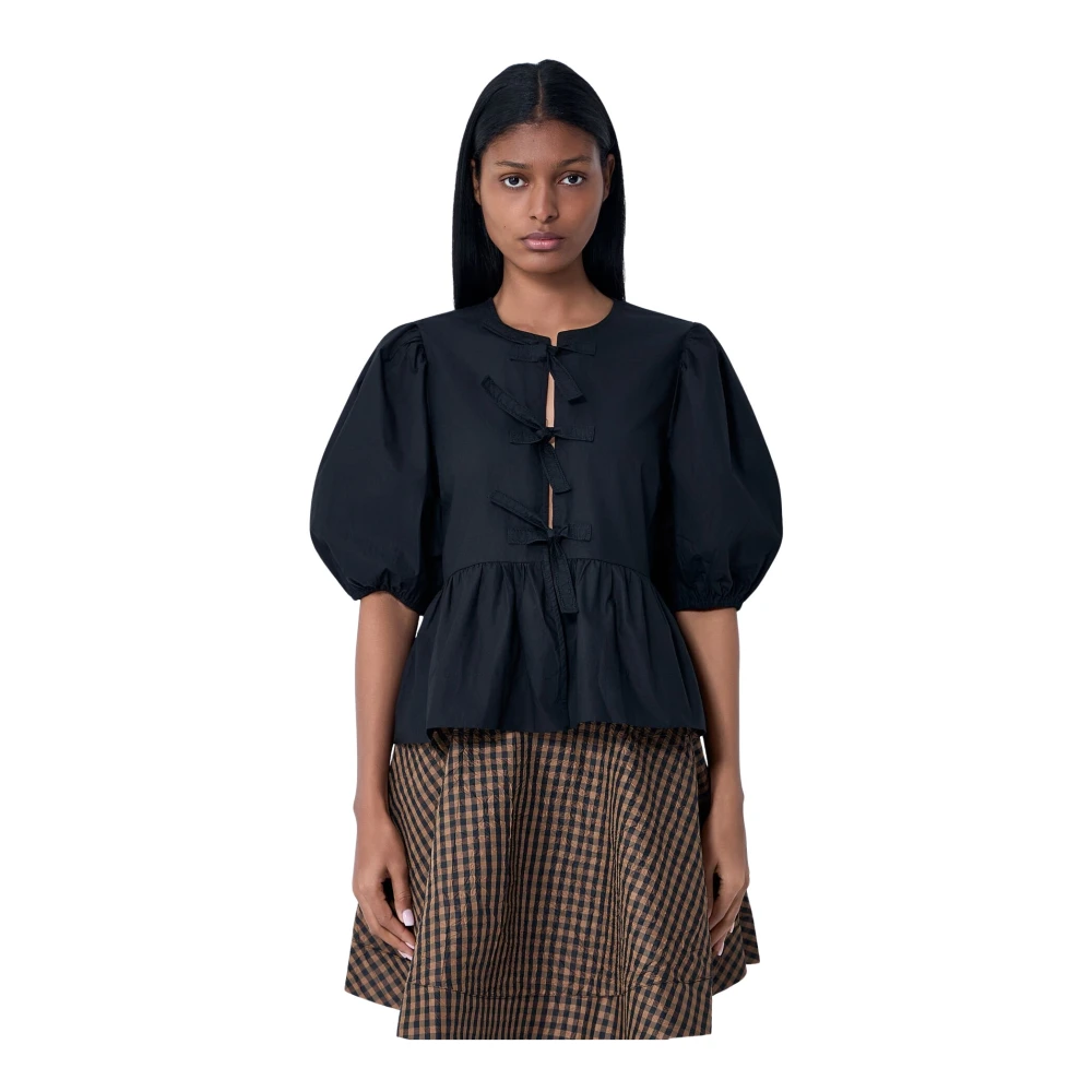 Ganni Women's Black Blouses, Xs, Cotton Poplin Peplum Tie Blouse