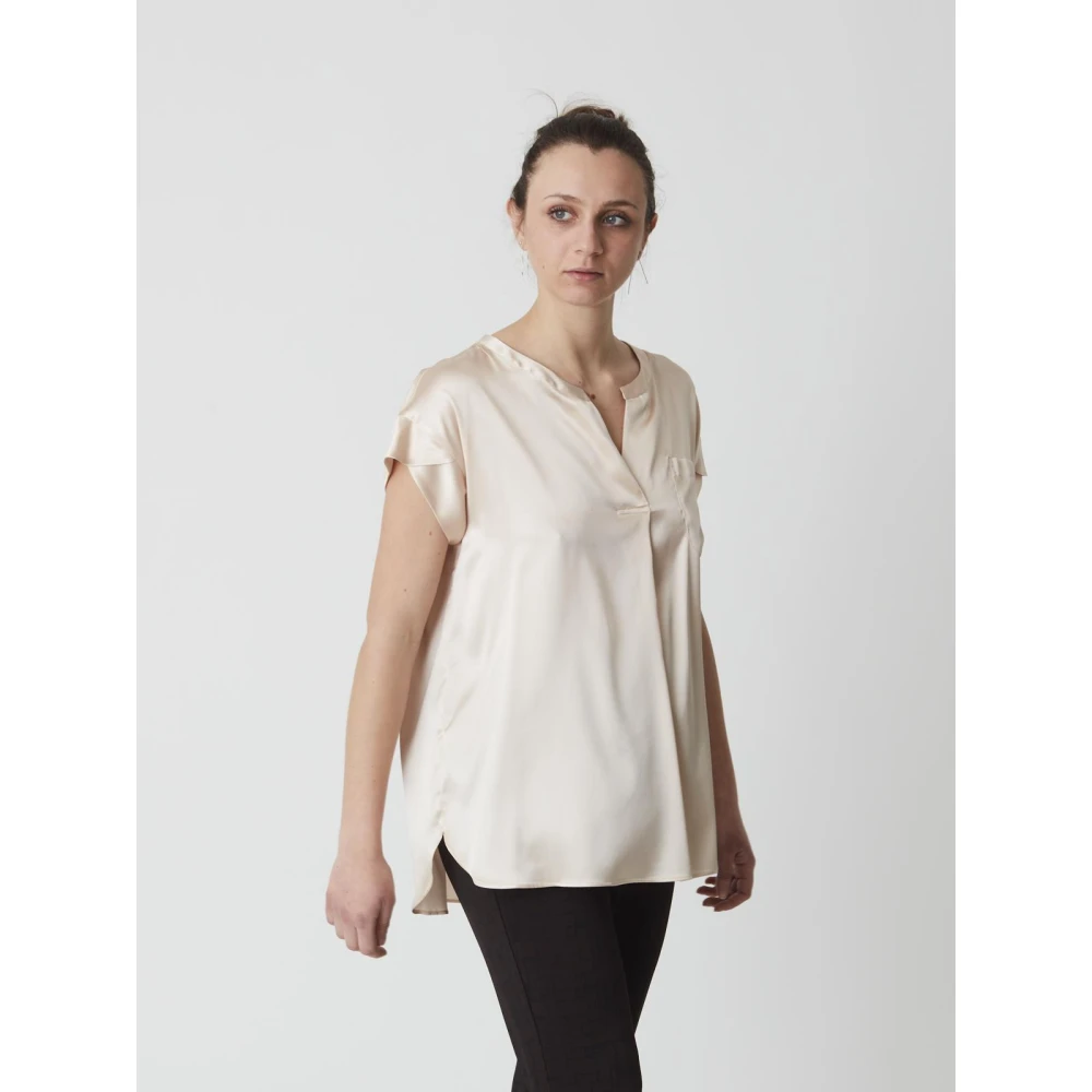 Caliban Open hals korte mouw overhemd Beige Dames