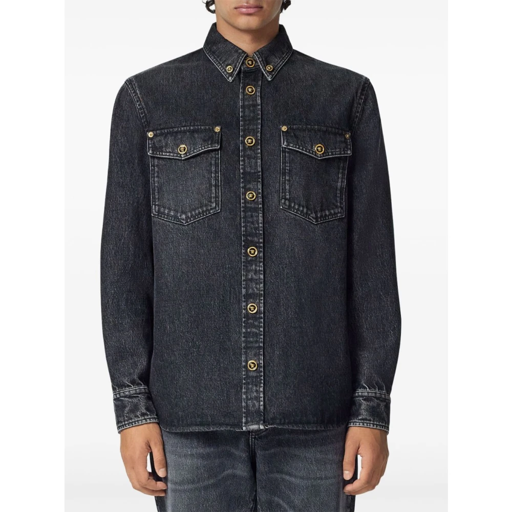 Versace Zwarte Denim Shirt Medusa Hoofd Knopen Black Heren
