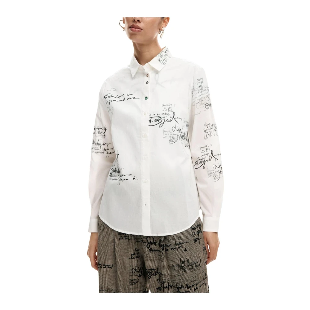 Desigual Damen Weiß Gestreiftes Langärmeliges Baumwollhemd