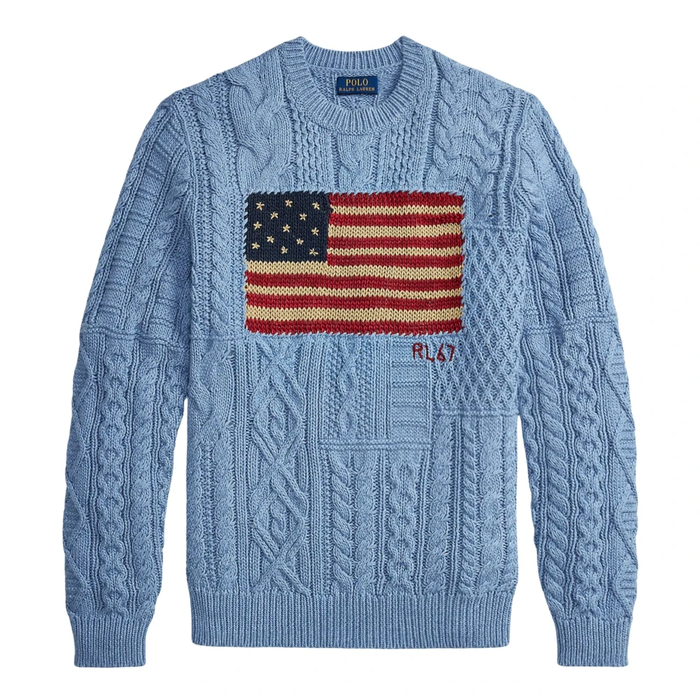 Ralph Lauren Men's Blue Aran-Knit Flag Jumper - Round-Neck Knitwear - Xs - Knitwear