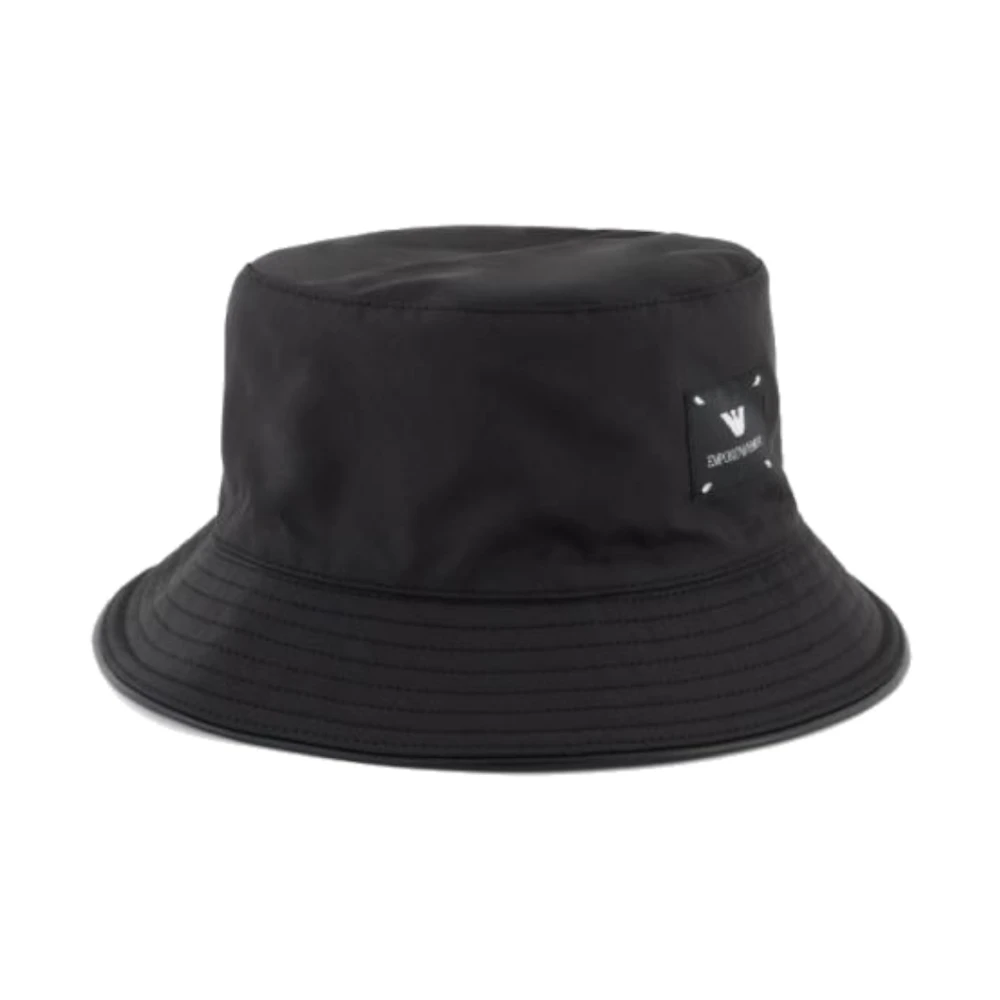 Emporio Armani Zwarte Nylon Cloche met Wit Logo Lettering Black Unisex