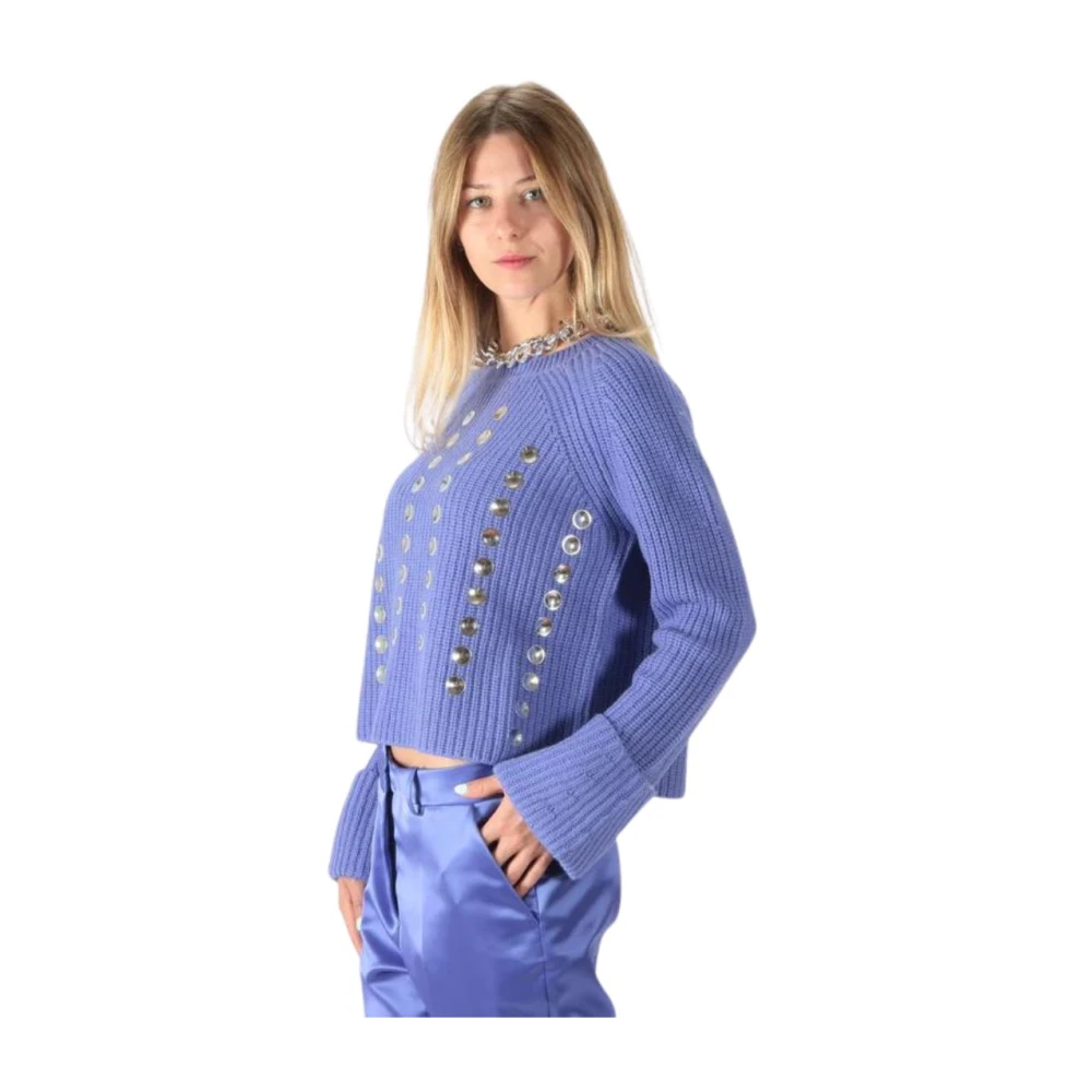 Liviana Conti Paarse Geribbelde Wollen Trui met Raglanmouwen en Zilveren Studs Purple Dames