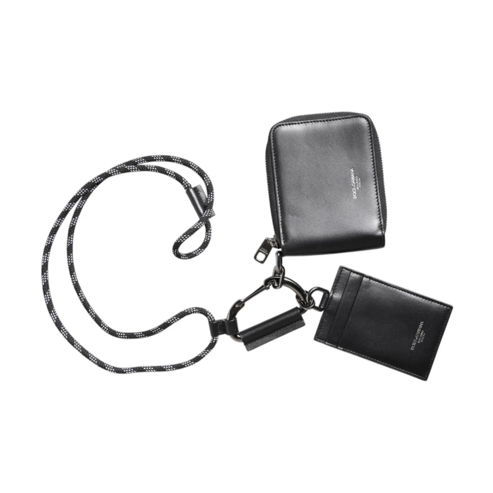 Dolce & Gabbana Mannelijk Zwart E Leren Kaarthouder Wallet Met Rits En Lanyard