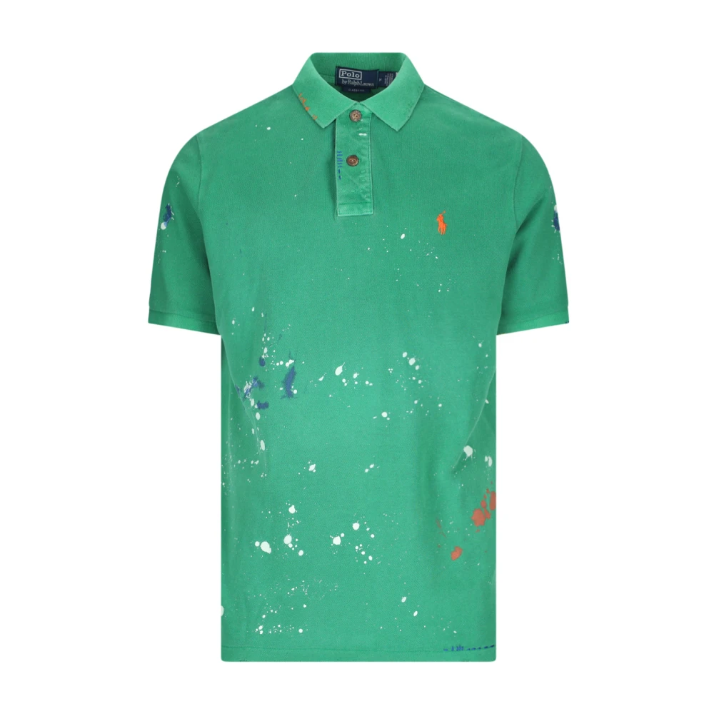 Grøn Polo Shirt med Multifarvet Maling Splatter Detaljer