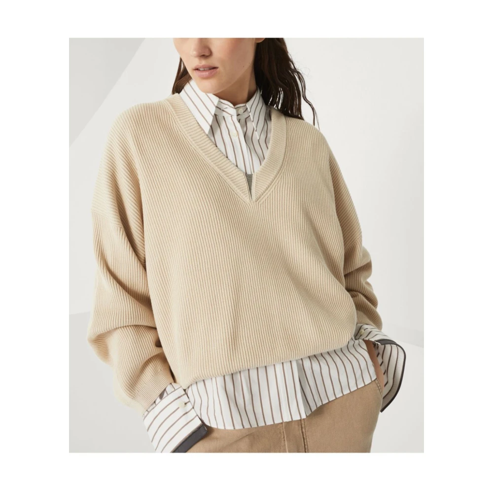 BRUNELLO CUCINELLI Beige Trui met Ribdetails Beige Dames