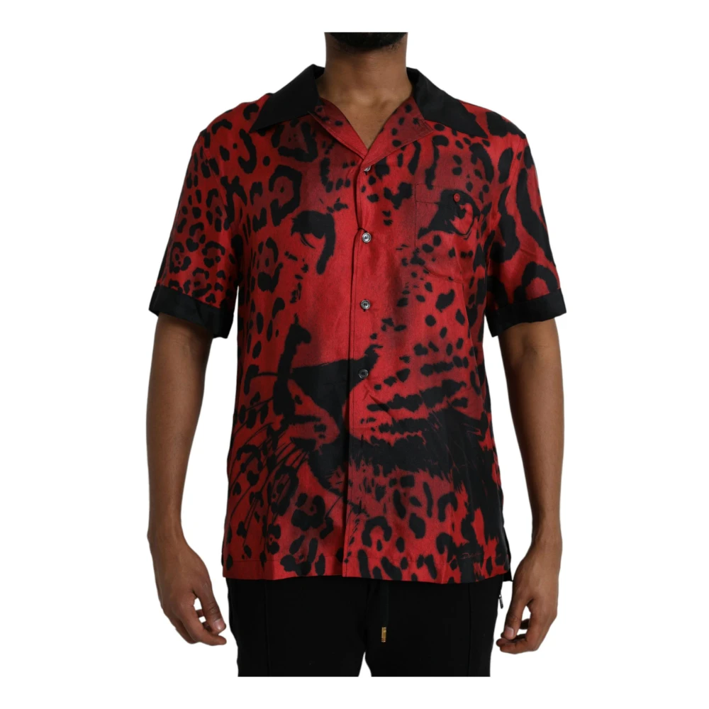 Dolce & Gabbana Röd Leopard Silke Knapp Ned Skjorta Multicolor, Herr