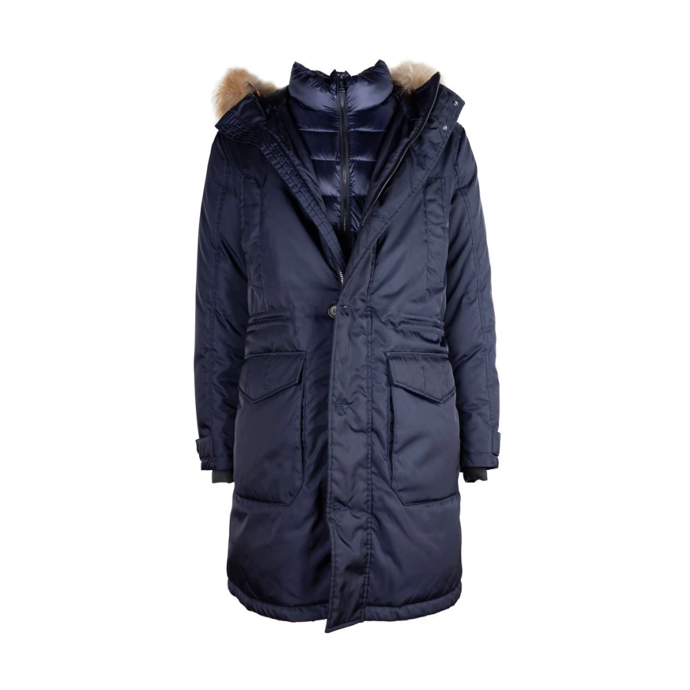 add Blauwe Nylon Donsjas met Bont Capuchon Blue Heren