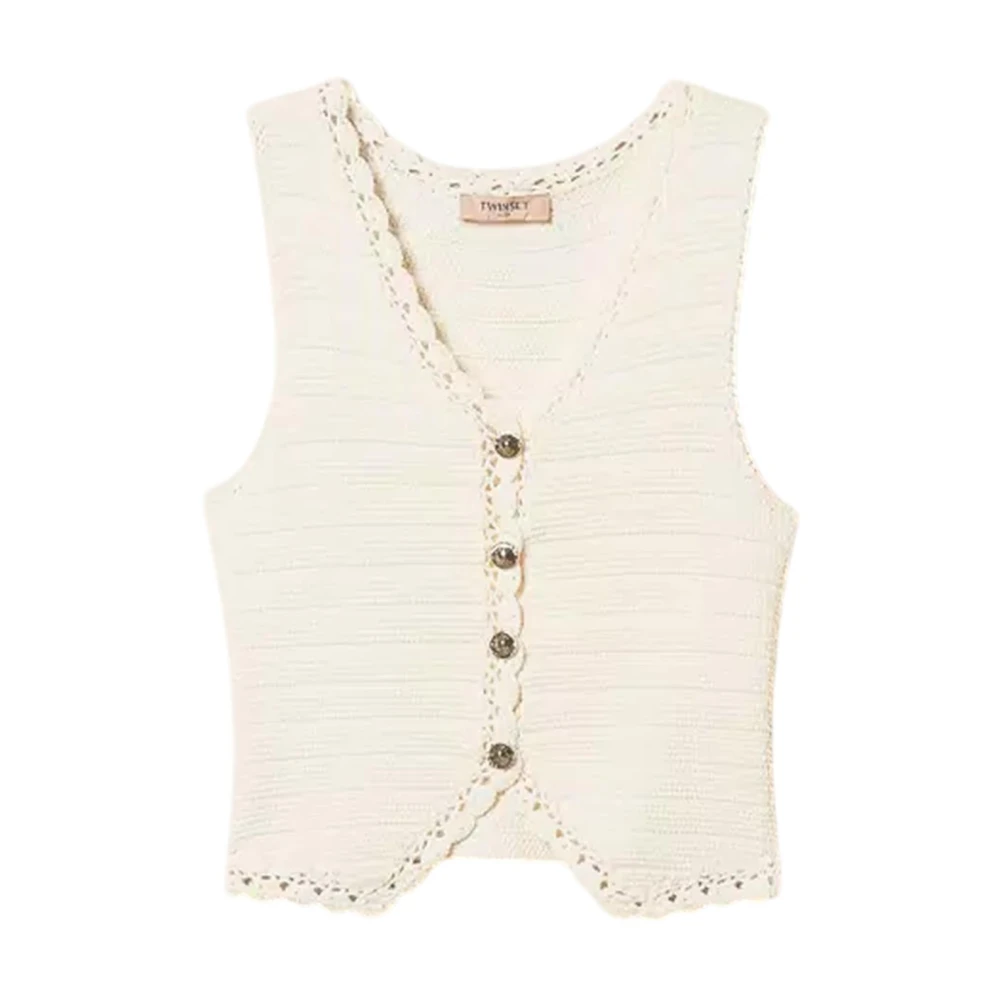 Twinset Women's Beige Cardigans, Xs, Crochet-Trim Knit Gilet