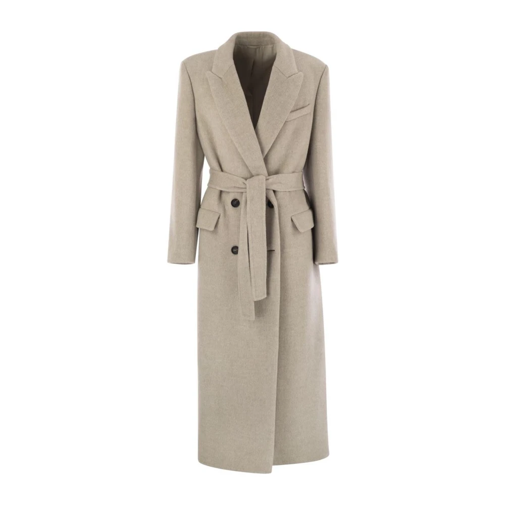 Brunello Cucinelli Vrouw Beige Jassen Dames, S, Wol, Double-Breasted Wollen Blend Jas